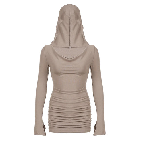 Load image into Gallery viewer, Casual Hooded Bodycon Folds Long Sleeve Autumn Dress for Women Basic Swinging Collar Korean Fashion Mini Dresses Knit
