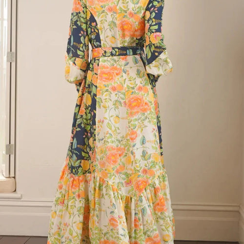 Load image into Gallery viewer, Hit Color Floral Printing Elegant Long Dresses For Women Lapel Long Sleeve High Waist Spliced Belt Temperament Dress Female
