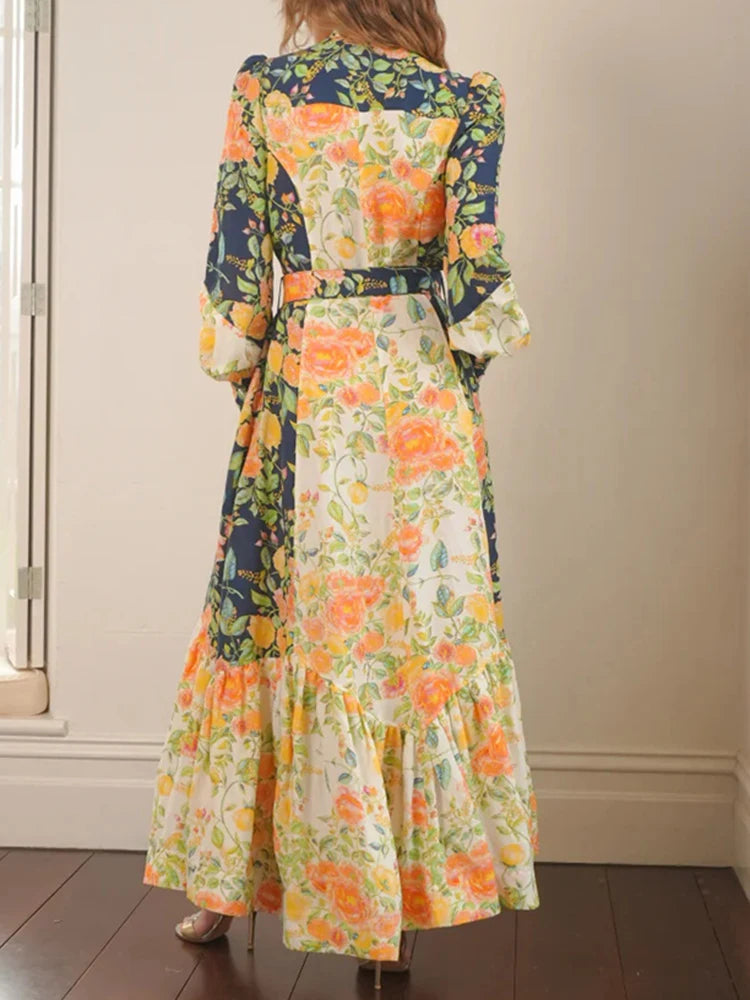 Hit Color Floral Printing Elegant Long Dresses For Women Lapel Long Sleeve High Waist Spliced Belt Temperament Dress Female