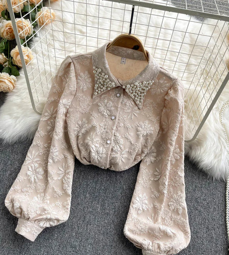 Vintage Fashion Women's Shirt Puff Sleeve Spring Jacquard Weave Beading Social Blouse Lady Button Up Elegant Tops Women Blouses