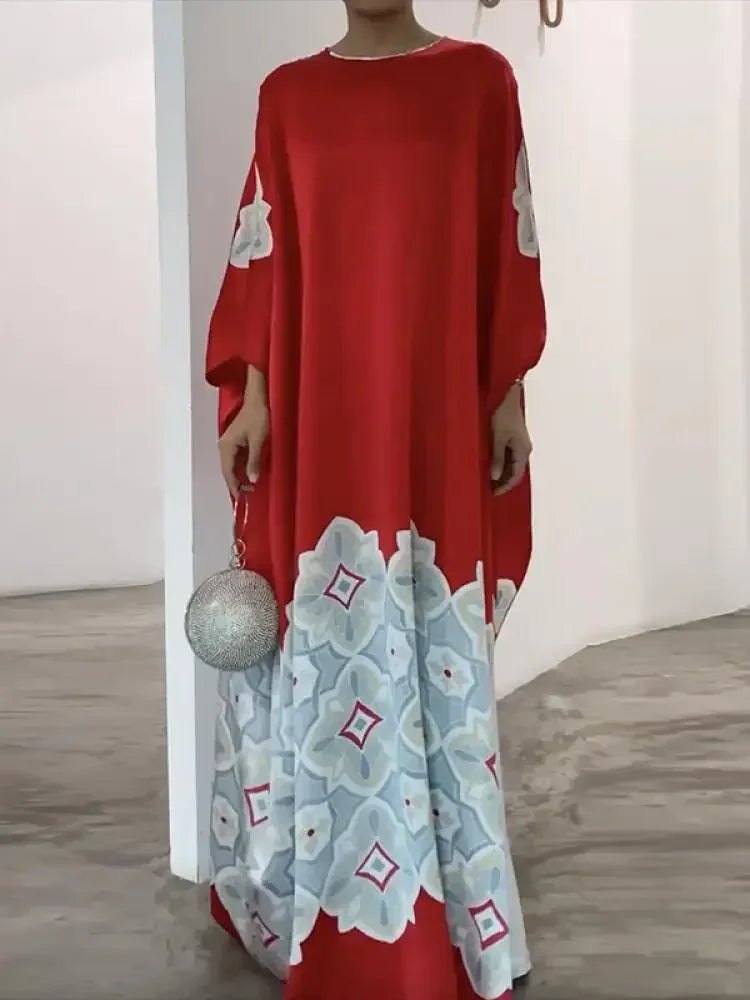 Spring Summer Printed Evening Party Dresses Vintage Elegant Long Sleeves Loose Muslim Robe Dress for Women