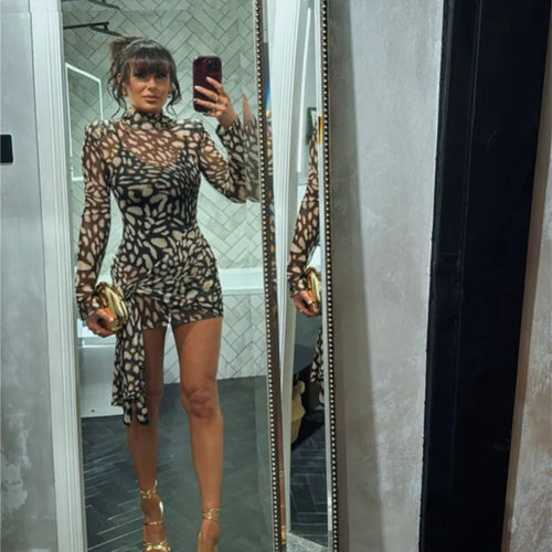 Load image into Gallery viewer, Mesh Leopard Print Sexy Mini Dress For Women Robe Fashion Turtleneck Draped Ruched High Waist Club Dress Vestido
