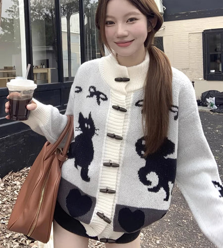 Vintage Striped Cartoon Jacquard Loose Cardigan Harajuku Stand Neck Horn Toggle Button Sweaters Y2k Aesthetic Knitted Cardigans