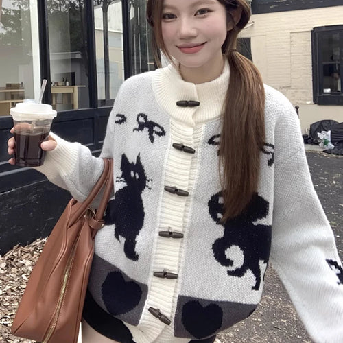 Load image into Gallery viewer, Vintage Striped Cartoon Jacquard Loose Cardigan Harajuku Stand Neck Horn Toggle Button Sweaters Y2k Aesthetic Knitted Cardigans
