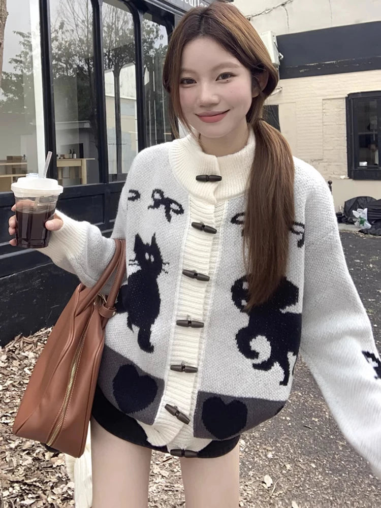Vintage Striped Cartoon Jacquard Loose Cardigan Harajuku Stand Neck Horn Toggle Button Sweaters Y2k Aesthetic Knitted Cardigans