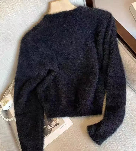 Autumn Winter Black Star Imitation Mink Long Sleeves Knitted Sweater French Fashion Women's Elegant Versatile Pullover Tops Chic