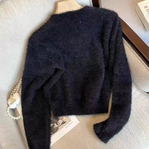 Load image into Gallery viewer, Autumn Winter Black Star Imitation Mink Long Sleeves Knitted Sweater French Fashion Women's Elegant Versatile Pullover Tops Chic

