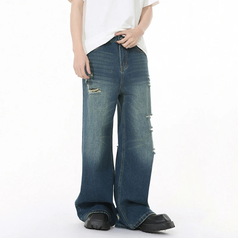 Men's Jeans Solid Color Holes Design Korean Style Worn-out Mill White Straight Leg New Spring Baggy Male Trousers 9W1265