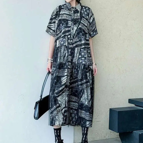 Load image into Gallery viewer, Women Black Pattern Printed Big Size Mesh Midi Shirt Dress New Lapel Short Sleeve Fashion Tide Spring Summer 2025 1DJ0636
