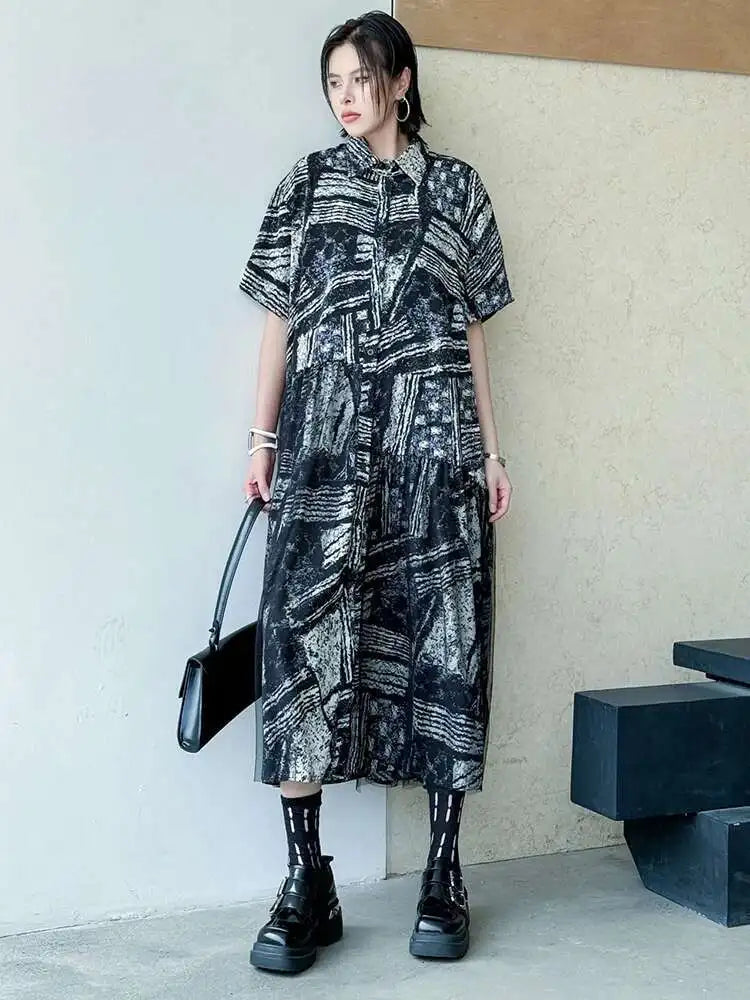 Women Black Pattern Printed Big Size Mesh Midi Shirt Dress New Lapel Short Sleeve Fashion Tide Spring Summer 2025 1DJ0636