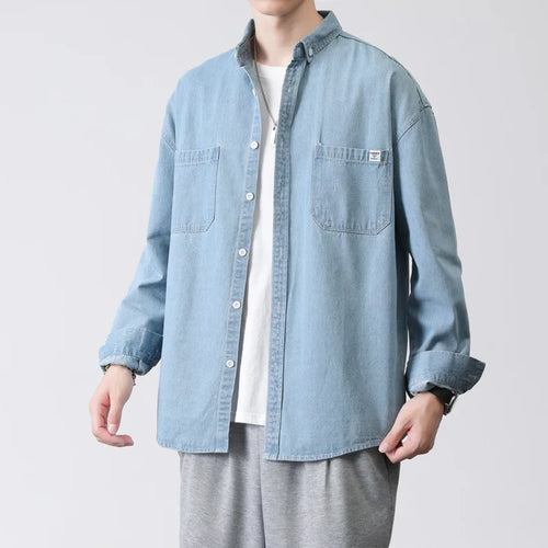 Load image into Gallery viewer, Men's Cargo Denim Shirt Turn-down Collar New Washed Loose Korean Fashion Long Sleeve Male Shirts Spring 2025 9W1317
