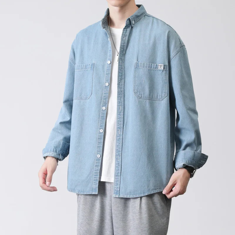 Men's Cargo Denim Shirt Turn-down Collar New Washed Loose Korean Fashion Long Sleeve Male Shirts Spring 2025 9W1317