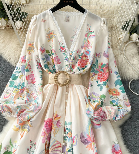French Vintage Women Autumn Sweet Beige Flower Lace Elegant Long Sleeve Princess Dresses Ladies Party V-neck Evening Dress Boho