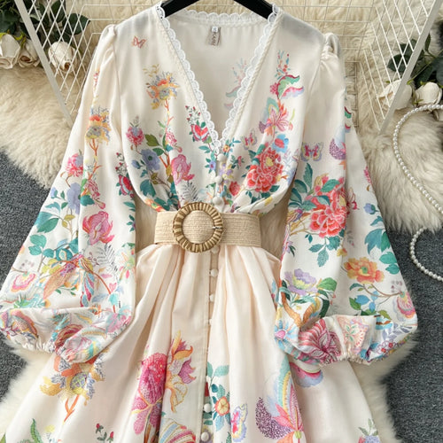 Load image into Gallery viewer, French Vintage Women Autumn Sweet Beige Flower Lace Elegant Long Sleeve Princess Dresses Ladies Party V-neck Evening Dress Boho
