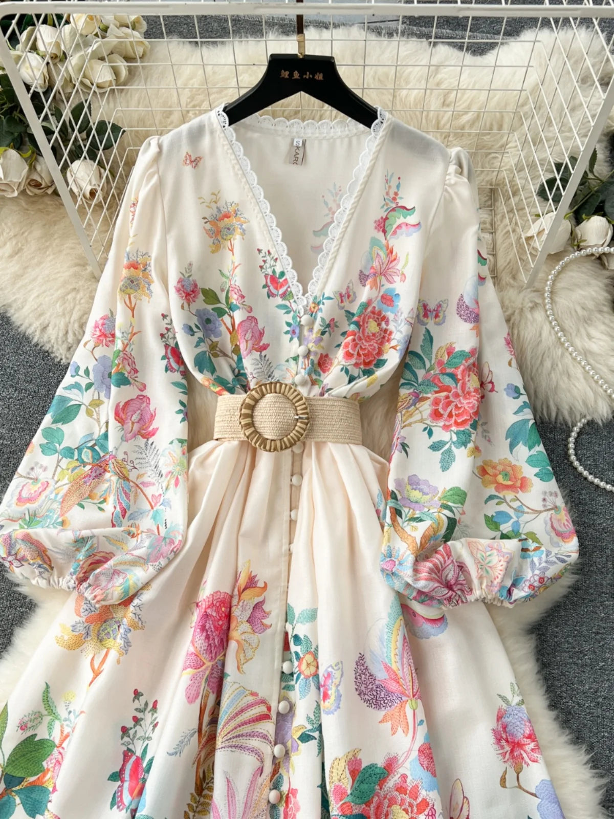 French Vintage Women Autumn Sweet Beige Flower Lace Elegant Long Sleeve Princess Dresses Ladies Party V-neck Evening Dress Boho