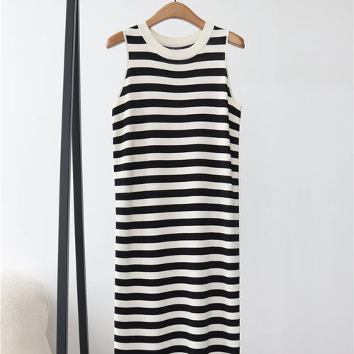 Load image into Gallery viewer, Luxury Spring Summer Contrast Stripe Knitted Sleeveless Tank Dress O-neck Loose Split Casual Long Dresses  C-008
