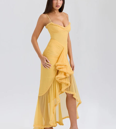 Ruffled Draped Ruched Sexy Maxi Dress For Women Yellow Spaghetti Strap Sleeveless Backless Club Party Sexy Long Dress