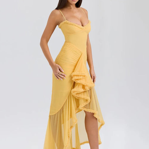Load image into Gallery viewer, Ruffled Draped Ruched Sexy Maxi Dress For Women Yellow Spaghetti Strap Sleeveless Backless Club Party Sexy Long Dress
