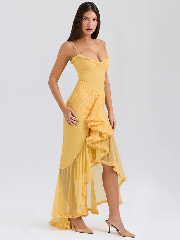 Ruffled Draped Ruched Sexy Maxi Dress For Women Yellow Spaghetti Strap Sleeveless Backless Club Party Sexy Long Dress