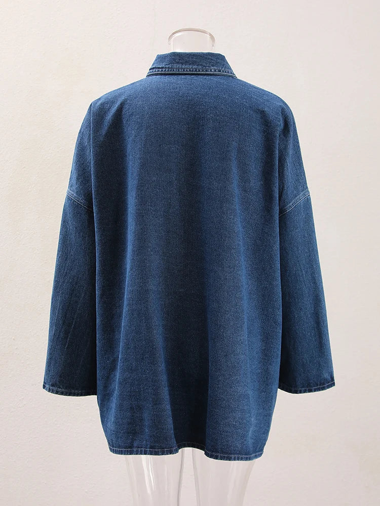 Blue Denim Thick Pocket Big Size Casual Jacket New Lapel Long Sleeve Women Coat Fashion Tide Spring Autumn 2025 CP2074