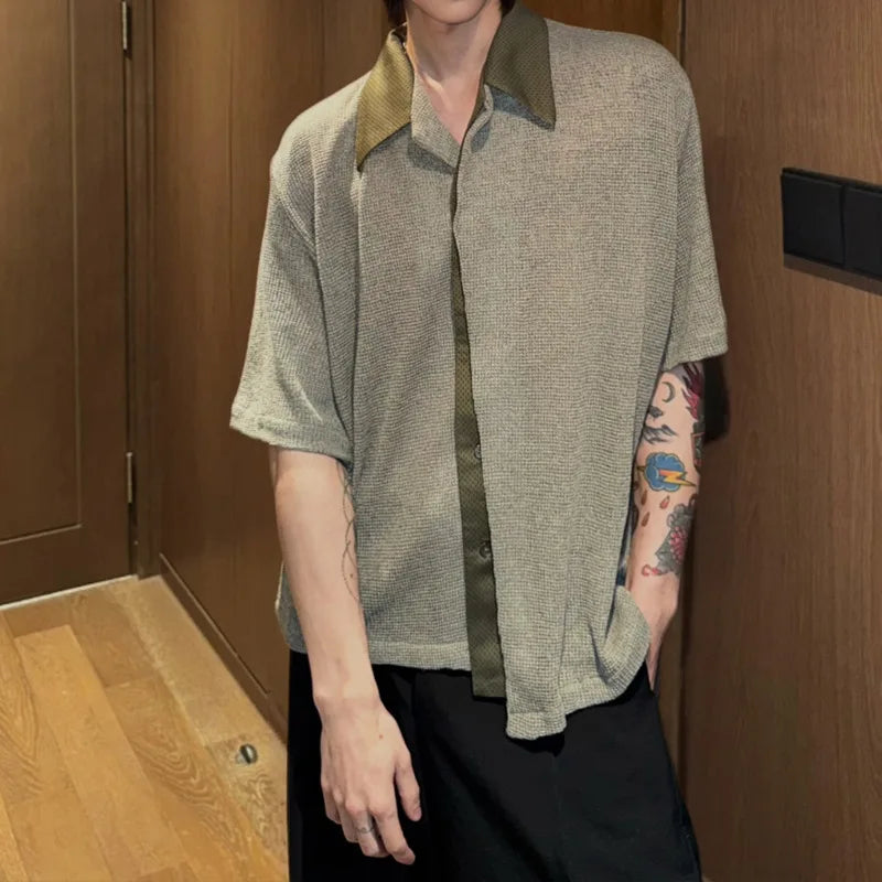 Men's Shirts Short Sleeve New Korean Summer Spliced Contrast Color Design Turn-down Collar Single Breasted Top 9W1729