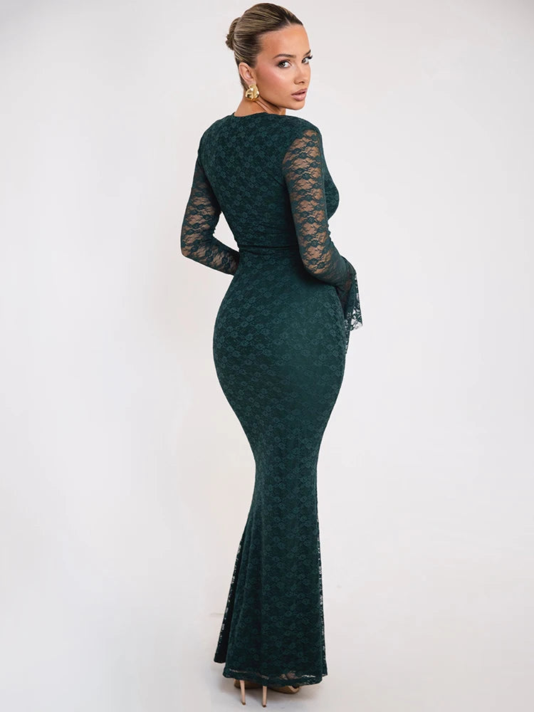 Elegant Lace Long Sleeve Sexy Maxi Dress For Women Fashion Deep V Neck Bodycon Party Club Sexy Long Dress Fashion
