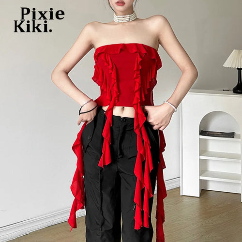 Load image into Gallery viewer, Cropped 2000s Y2k Tops Sexy Red Ruffle Fringe Backless Tube Top Coquette Summer Outfits for Women 2024 P94-DC21
