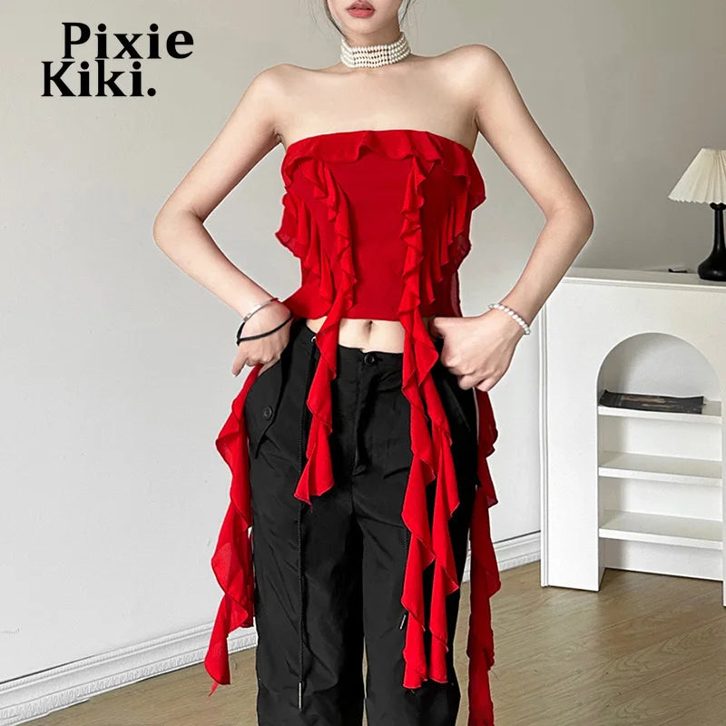 Cropped 2000s Y2k Tops Sexy Red Ruffle Fringe Backless Tube Top Coquette Summer Outfits for Women 2024 P94-DC21