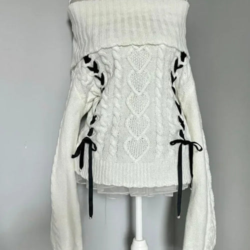 Load image into Gallery viewer, Y2k Aesthetic Slash Neck Twist Sweater Women Off Shlouder Bandage Pullover Vintage Lantern Sleeve Jumper Kawaii Fairy Jumpers
