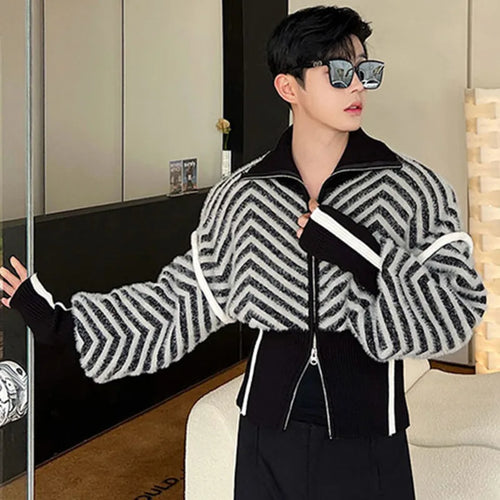 Load image into Gallery viewer, Men&#39;s Sweaters Jackets Casual Stripe Contrast Color Turn-down Collar Male Knitting Cardigan Korean Fashion Spring 9C2689
