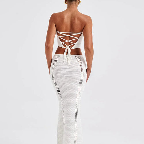 Load image into Gallery viewer, Elegant Knit Skirt Two Piece Sets Women Strapless Bandage Crop Tops And Maxi Skirt Femme Lace Up Sexy Ttwo Piece Sets
