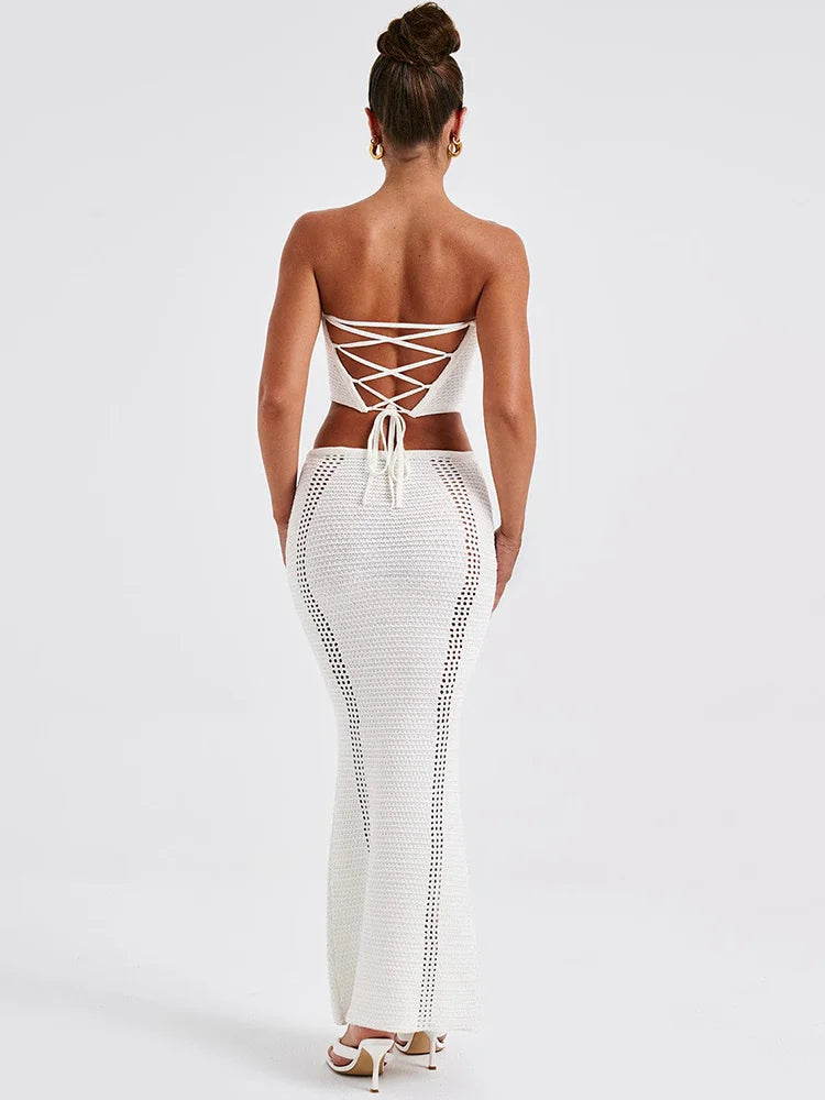 Elegant Knit Skirt Two Piece Sets Women Strapless Bandage Crop Tops And Maxi Skirt Femme Lace Up Sexy Ttwo Piece Sets
