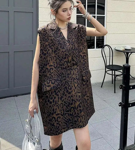 Women Leopard Print Big Size Casual Vintage Mini Vest Dress New Lapel Sleeveless Fashion Tide Spring Autumn 2025 1DH5205
