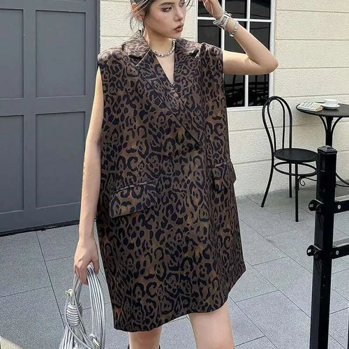 Load image into Gallery viewer, Women Leopard Print Big Size Casual Vintage Mini Vest Dress New Lapel Sleeveless Fashion Tide Spring Autumn 2025 1DH5205
