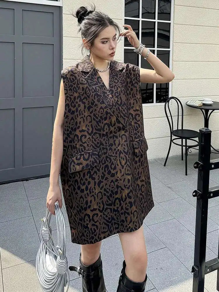 Women Leopard Print Big Size Casual Vintage Mini Vest Dress New Lapel Sleeveless Fashion Tide Spring Autumn 2025 1DH5205