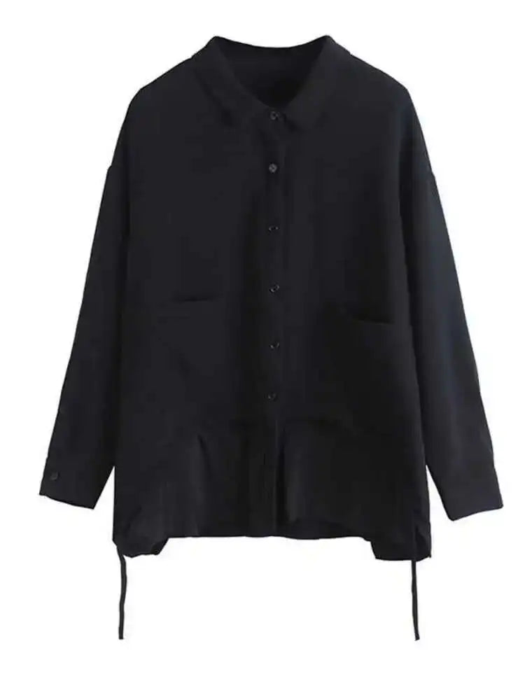 Women Drawstring Big Size Fake Two Blouse New Lapel Long Sleeve Loose Fit Shirt Fashion Tide Spring Autumn 2025 1DD0160