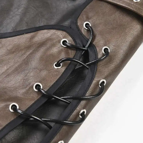 Load image into Gallery viewer, High Waist Belted Brown  Irregular Pu Leather String Half-body Skirt Women Fashion Tide New Spring Autumn 2025 1DE422916
