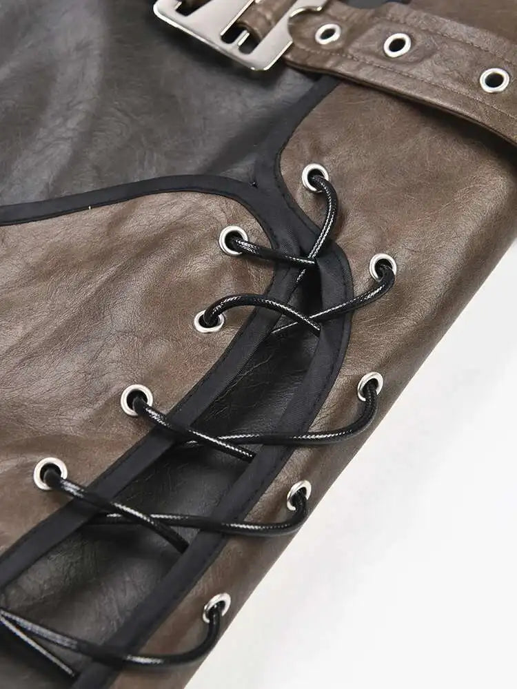 High Waist Belted Brown  Irregular Pu Leather String Half-body Skirt Women Fashion Tide New Spring Autumn 2025 1DE422916