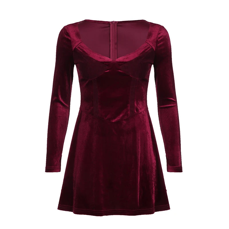 Fashion Elegant Velour Party Dress Long Sleeve A-Line Solid Basic Clubwear Prom Autumn Dress Women Slim V-Neck Clothe