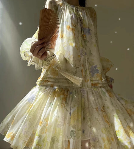 Hit Color Loose Printing Dresses For Women O Neck Long Sleeve High Waist Temperament Long Dress Female Fashion New