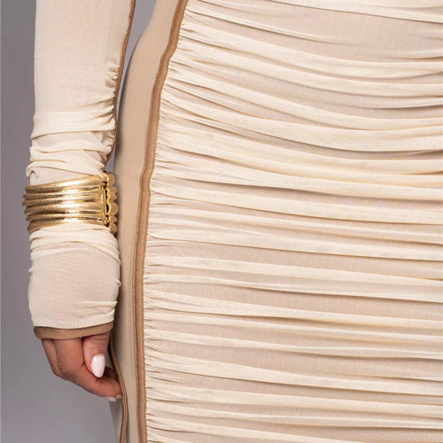 Load image into Gallery viewer, Diagonal Collar Long Sleeve Midi Dress For Women Two Layer Mesh Backless Ruched Bodycon Club Party Sexy Long Dress
