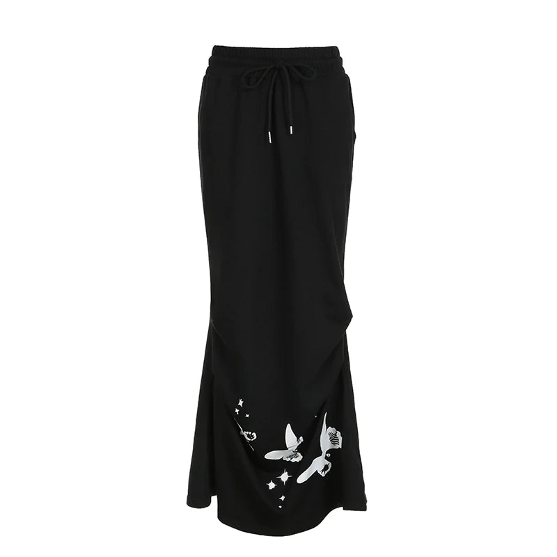 Harajuku Y2K Butterfly Print Long Skirt Women Korean Fashion Drawstring Loose Autumn Skirt Gothic Dark Bottoms Preppy