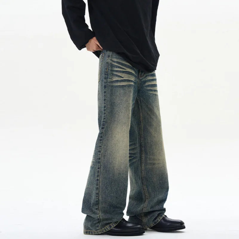 Men's Jeans Nostalgic Washed Cat Beard Design New American Style Straight Leg Gradient Color Tide Male Trousers 9W2025