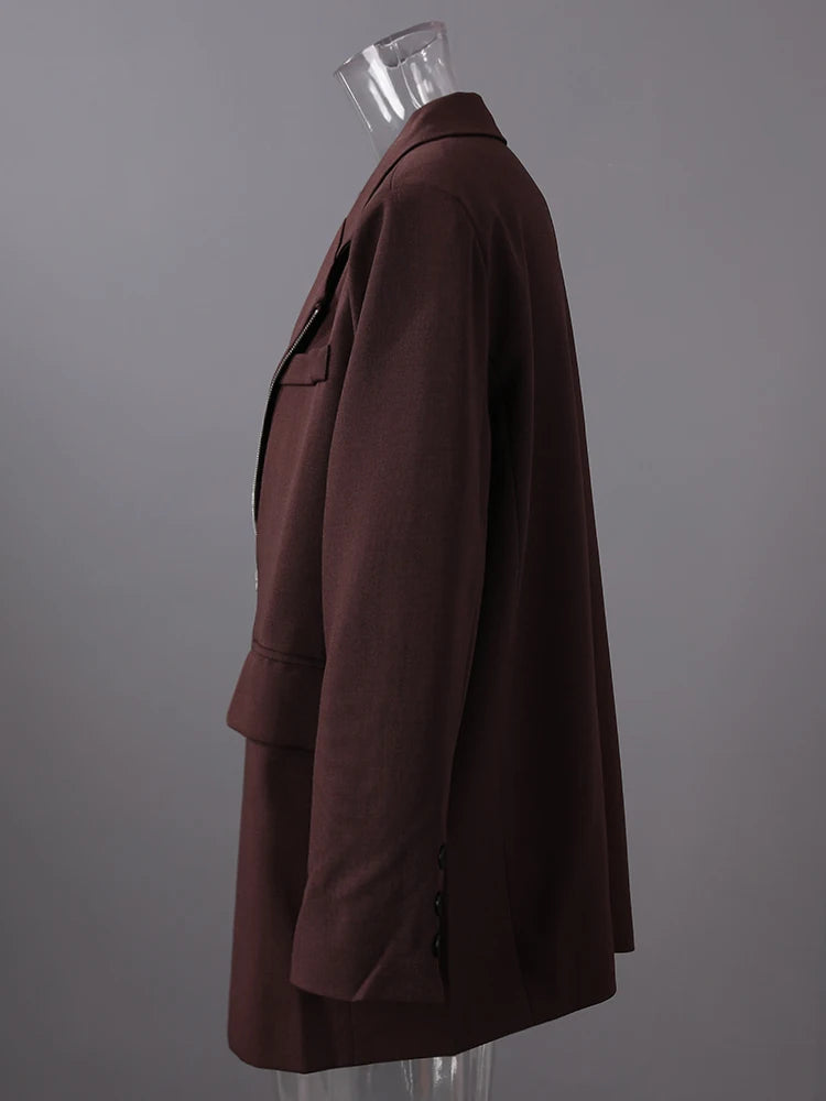 Women Wine Red Zipper Big Size Elegant Blazer New Lapel Long Sleeve Jacket Fashion Tide Spring Autumn 2025 7AB8207