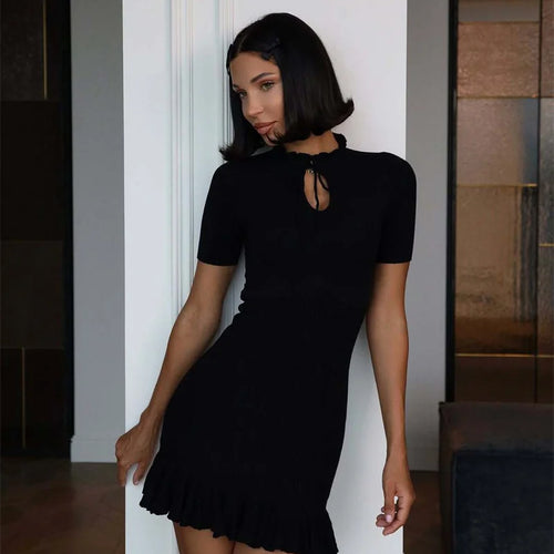 Load image into Gallery viewer, Summer Short Sleeve Ruffle Mini Dress Women Sweater Pullover Elegant Fashion Hollow Out Ribbed Slim High Waist Dress
