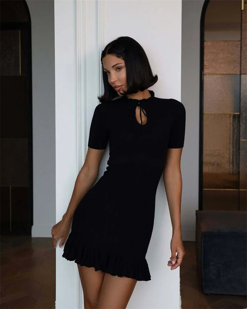 Summer Short Sleeve Ruffle Mini Dress Women Sweater Pullover Elegant Fashion Hollow Out Ribbed Slim High Waist Dress
