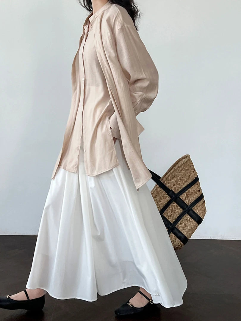 Women Apricot Irregular Cross Big Size Blouse New Stand Collar Long Sleeve Shirt Fashion Tide Spring Autumn 2025 1DJ1690