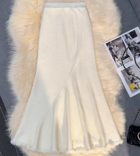 Korean Version Black Beige Tassel Elegant Knit Pleated Long Skirt Women Autumn Winter Pink High Waist Wrap Hip Fishtail Skirts