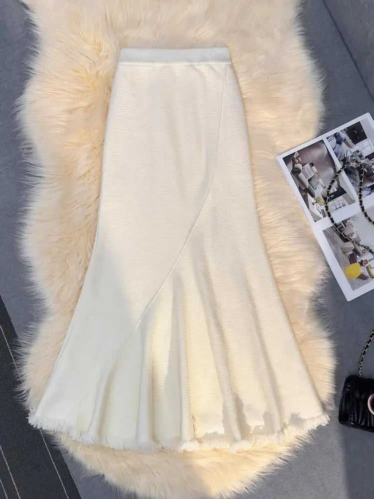 Korean Version Black Beige Tassel Elegant Knit Pleated Long Skirt Women Autumn Winter Pink High Waist Wrap Hip Fishtail Skirts