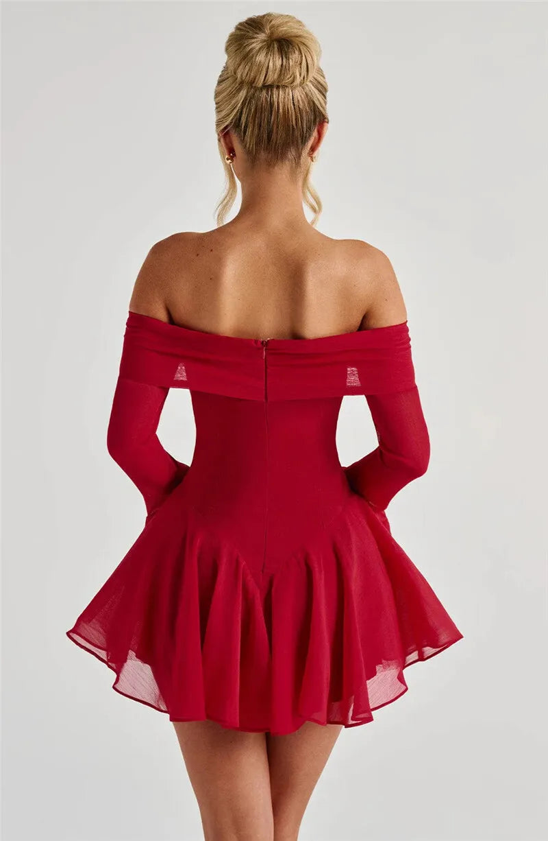 Strapless Long Flare Sleeve Sexy Mini Dress For Women Robe Off-shoulder Backless High Waist A-line Club Party Dress